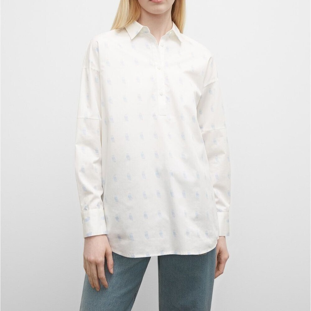 Club Monaco Womens Oversized Cotton Poplin Shirt Blue Abstract Print White L‎ n2